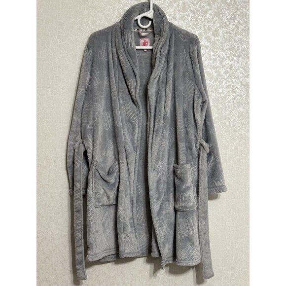 Juicy Couture Embossed Luxe Soft Plush Robe Gray Pockets Long‎ Sleeve EUC Sz S M - Picture 1 of 8